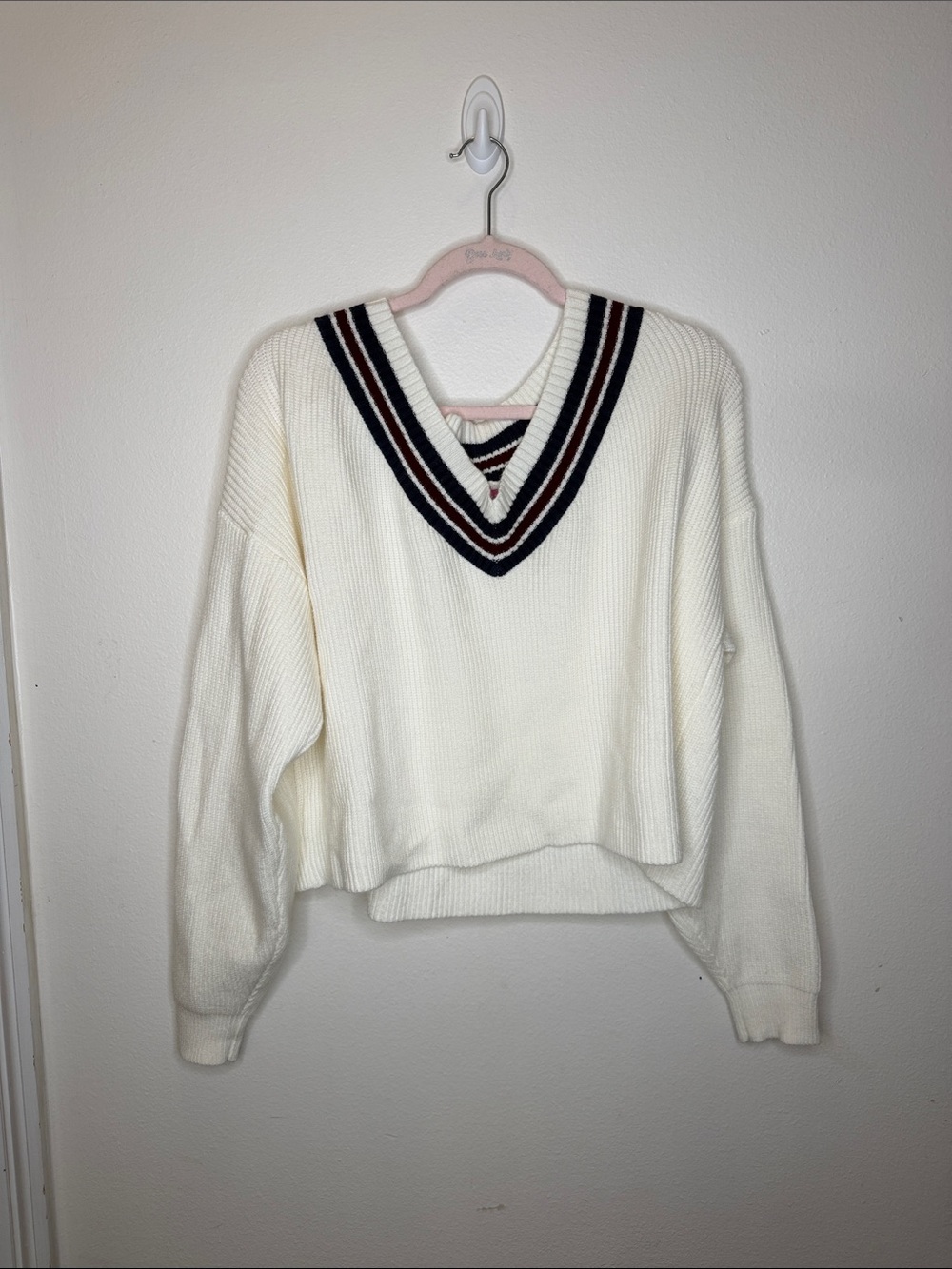EdiktedCream V-Neck Striped Trim Sweater